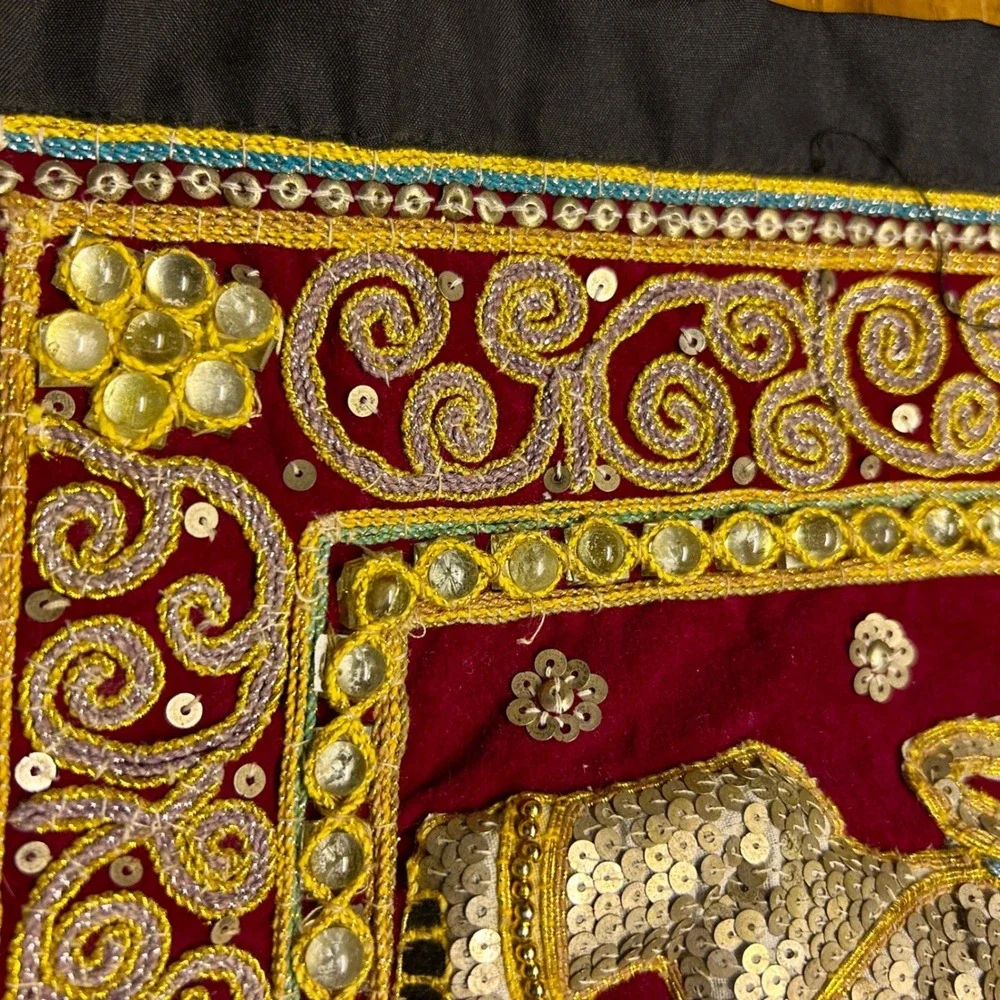 Vintage Kalaga Tapestry Velvet beaded wall scroll Gold Elephant Embroidery